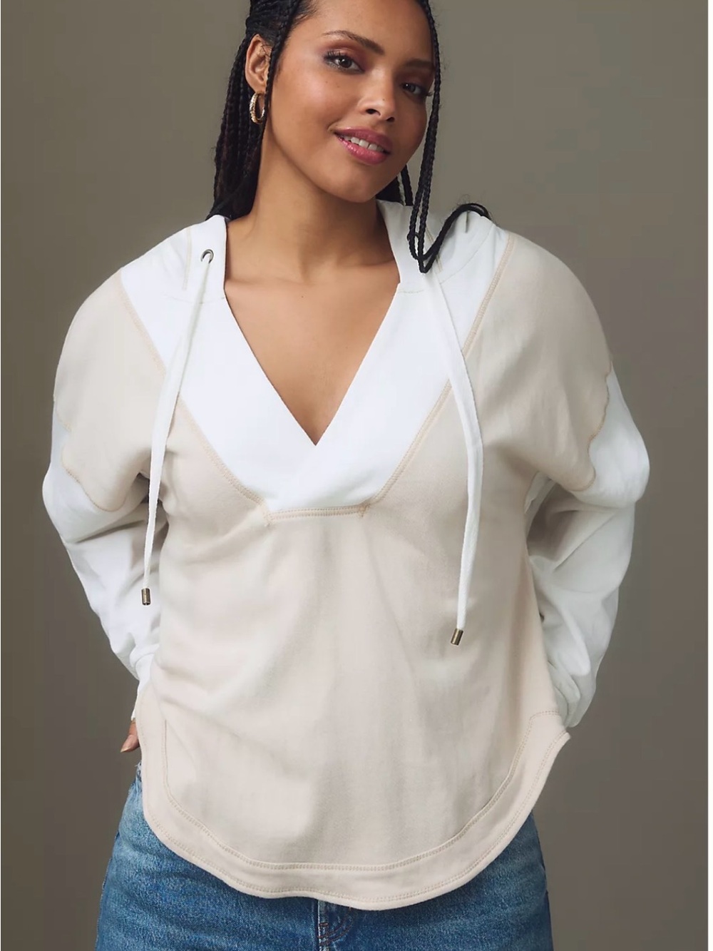 Pilcro Two-Tone V-Neck Hoodie in Cream and White